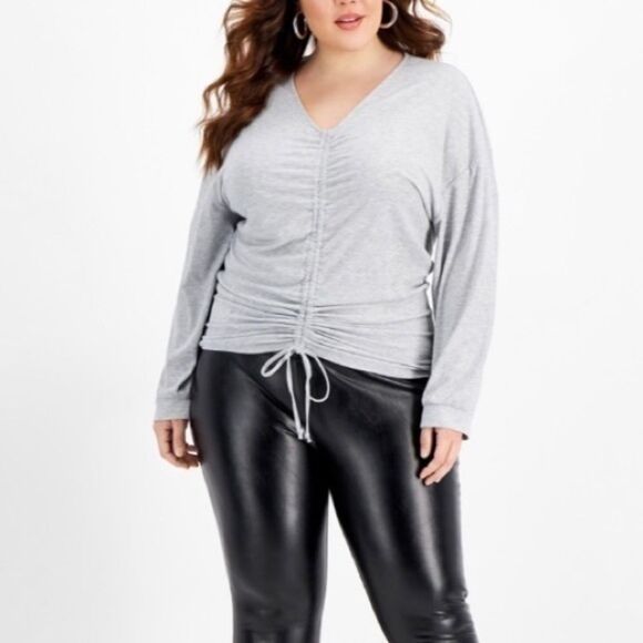 Derek Heart Tops - Gray Ruched Long Sleeve Top 2X